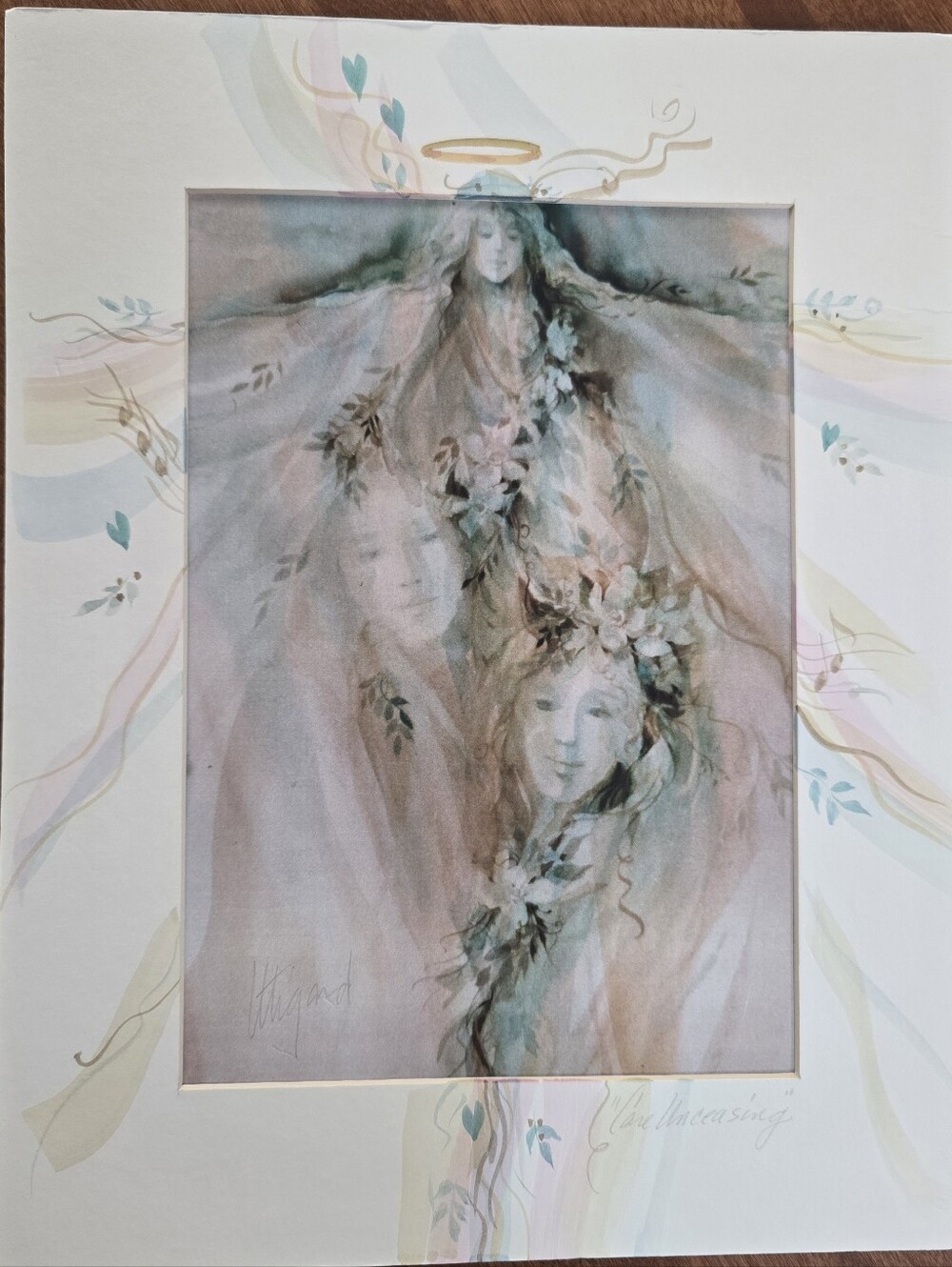 1974 Carolyn Utigard Thomas "Care Unceasing" Watercolor Print Angels